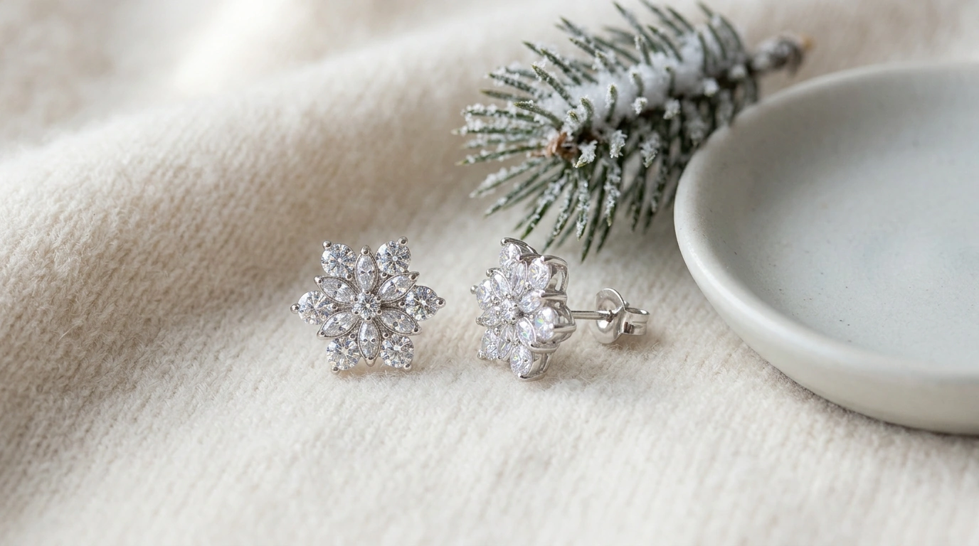 Icy Sparkle: Moissanite Snow Flower Silver Studs